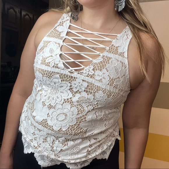 Express Tops - 2/25$ Express White Lace Up Scalloped Floral Bohemian Boho Overlay Tank S